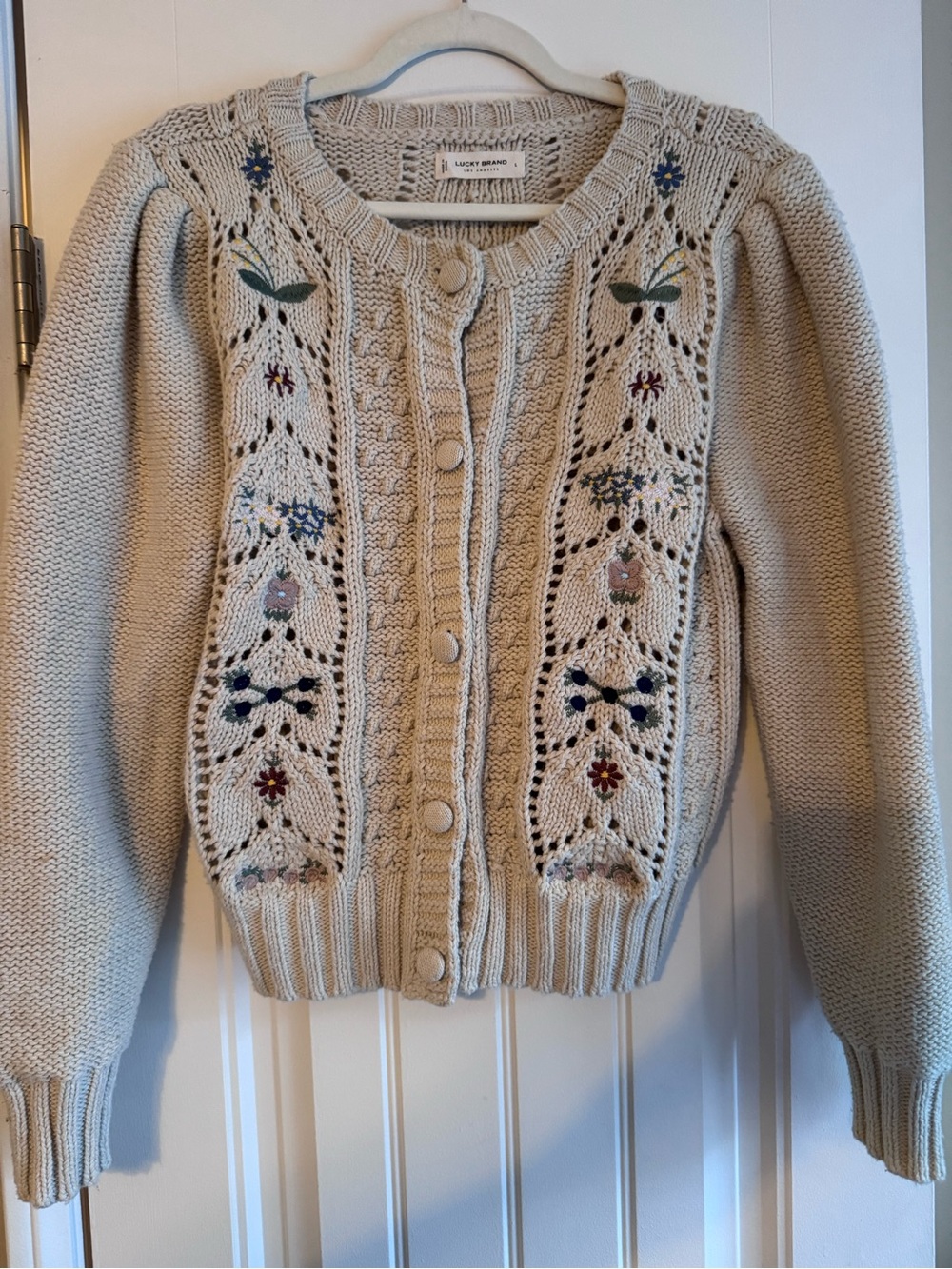 Lucky Brand Women's Cream Embroidered Button-Front Sweater